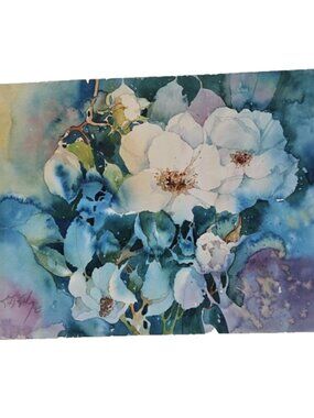Vintage 1993 Original Watercolor Flower Blossoms Illegibly Signed KG 11" x 7.5"